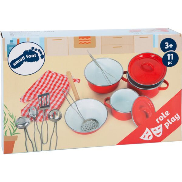 Kookgerei rood smallfoot1 Small Foot metalen Rode pannen set, kookgerei voor kinderen, rollenspel vanaf 3 jaar