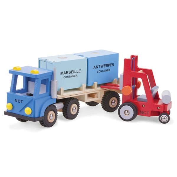 New Classic Toys heftruck met houten pallet – speelgoedvoertuig New Classic Toys heftruck met houten pallet – speelgoedvoertuig haalt container van vrachtwagen