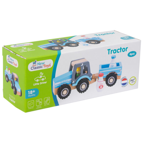 New Classic Toys tractor met aanhanger in doos Houten boerderijtractor met melkflessen – educatief speelgoed voor peuters en kleuters