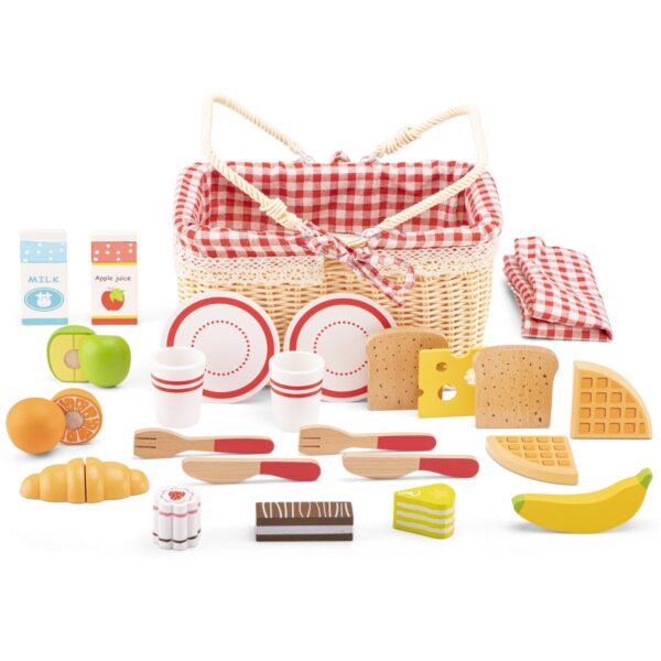 educatief-houten-picknickaccessoires-kinderen-speellab 27-delige picknickmand set met bordjes, bekers en snacks