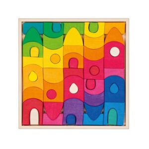 Verschillende vormen en elementen in doos uit de Goki Morgana bouwset