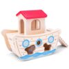 houten-vormenboot-educatief-speelgoed-peuters Detail van houten dieren en vormen van de New Classic Toys vormenboot