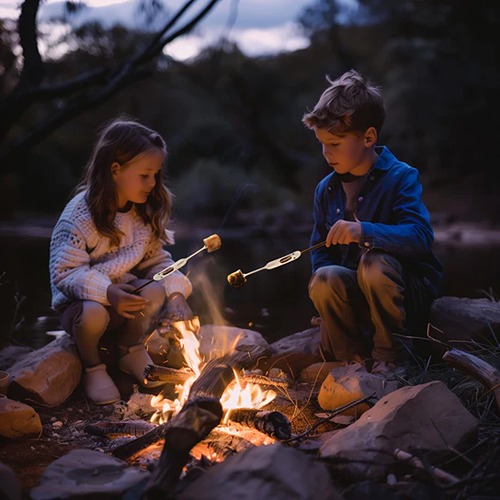 marshmallows-roosteren-kampvuur-kikkerland-huckleberry-vorken-buiten-spelen-het-speellab.jpg Het Speellab Kinderen roosteren marshmallows boven een vuur met Kikkerland kampvuurvorken tijdens kamperen