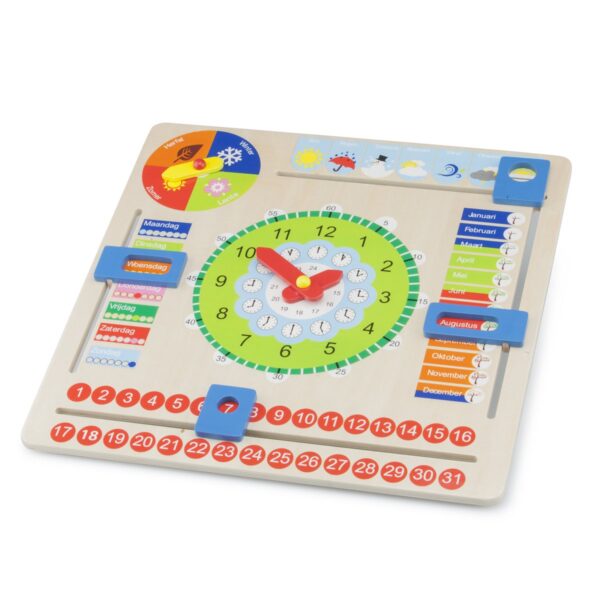 new-classic-toys-educatief-leerspeelgoed-kalender Kinderkalenderklok met schuivers en wijzers – New Classic Toys