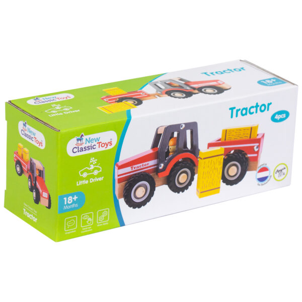 new-classic-toys-houten-tractor-aanhanger-hooibalen-01 New Classic Toys tractor speelgoed met houten hooibalen