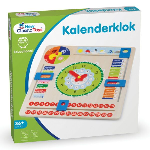 new-classic-toys-kalenderklok-houten-educatief-speelgoed Houten kalenderklok van New Classic Toys met tijd, datum en seizoenen