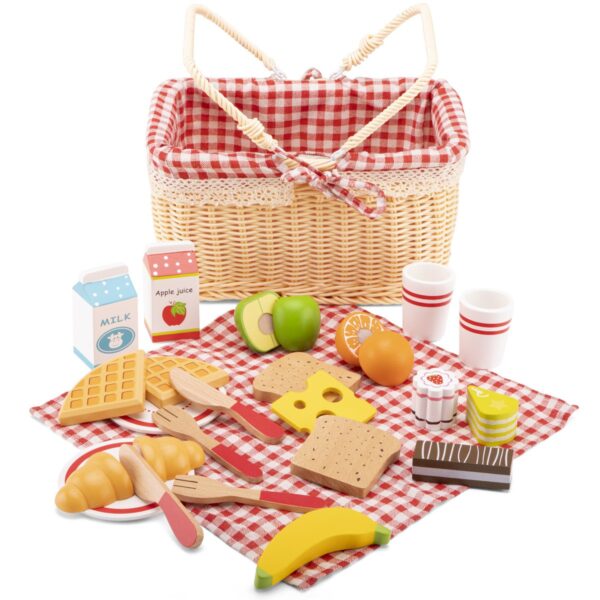 picknickmand-houten-speelgoed-rollenspel. New Classic Toys picknickset met servies en lekkernijen voor kinderen