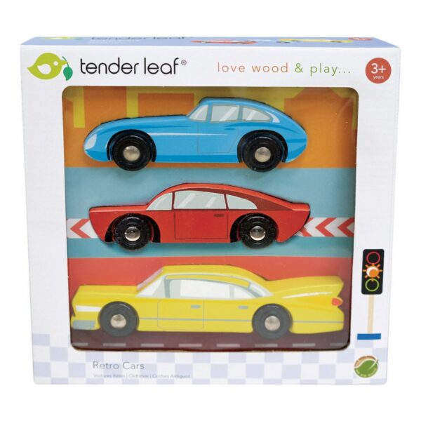 retro-autotjes-hout-tender-leaf-het-speellab Houten retro auto rood, blauw en geel – Tender Leaf speelgoed
