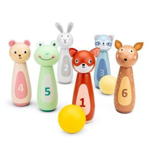 educatief-houten-woet-dieren-kegels-bowling-spel Woet houten bowling set met kleurrijke dierenkegels voor kinderen