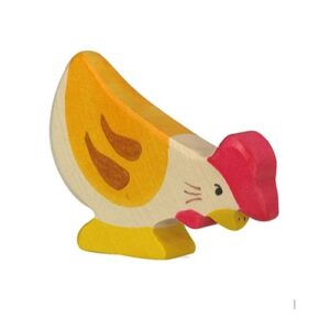 Van duurzaam hout handgemaakte kip pikkend waldorf geinspiteerd van Holztiger bij Het Speellab