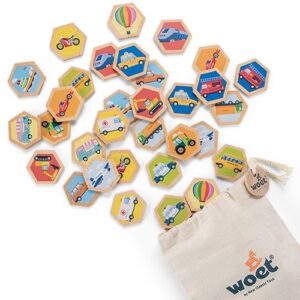woet-houten-memory-spel-voertuigen-met-zak Stoffen opbergzak bij Woet memory spel met voertuigen