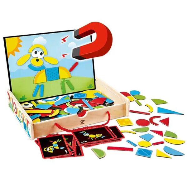 hape-magnetische-kunstdoos-houten-koffer-creatief-kinderen Houten magnetische kunstdoos van Hape met magneetvormen voor creatief spel