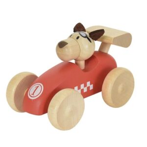 Houten raceauto met hond van Egmont Toys – duurzaam speelgoed voor peuters