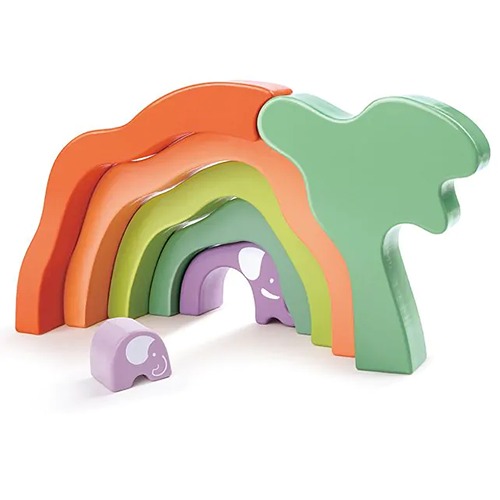 safari-elephant-stacking-blocks-houten-olifant-stapelblokken Safari Elephant Stacking Blocks met houten olifanten en gebogen vormen