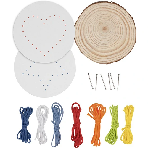 Goki houten draadpatronen timmerset met gekleurde draden en spijkertjes op houten schijf