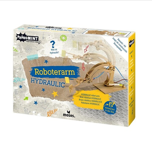 Hydraulische houten robotarm bouwset van Moses PhänoMINT in doos te koop bij Het Speellab