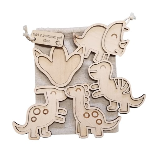 kiddi jute opbergzak met 5 houten dino vulvormen