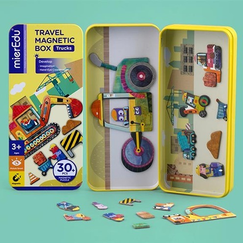 Compacte MierEdu magneetpuzzel trucks voor reizen en onderweg