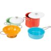 small-foot-pannenset-kinderen-modderkeuken-kookaccessoires Small Foot pannenset met deskels zonder kookgerei.