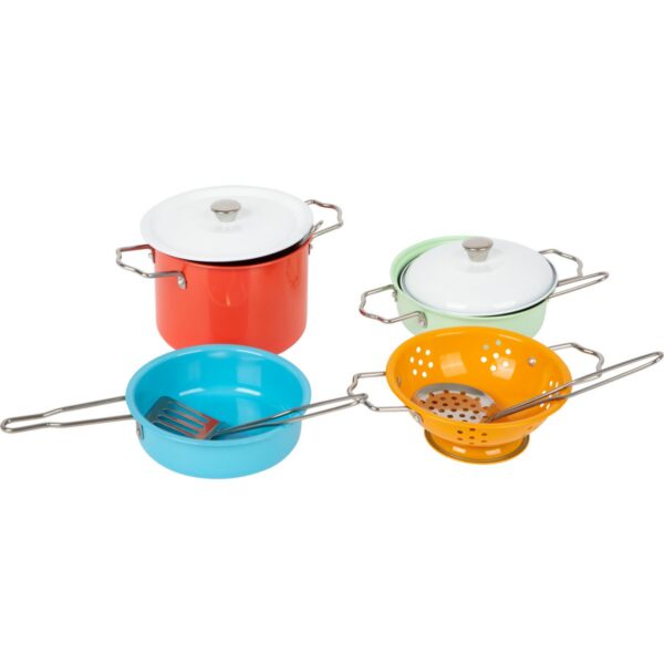 small-foot-pannenset-rollenspel-kinderen-kookaccessoires de vier gekleurde pannetjes van Small Foot met deksel
