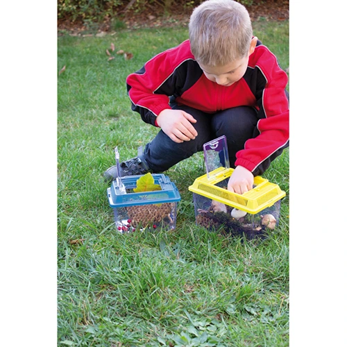 kinderen-vangen-insecten-met-eduplay-kijkdozen Kinderen onderzoeken insecten en kevers in het gras met de draagbare Eduplay insectenboxen